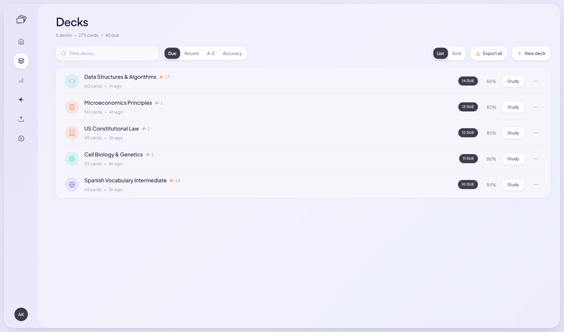 The Recall decks screen listing decks with due counts and accuracy