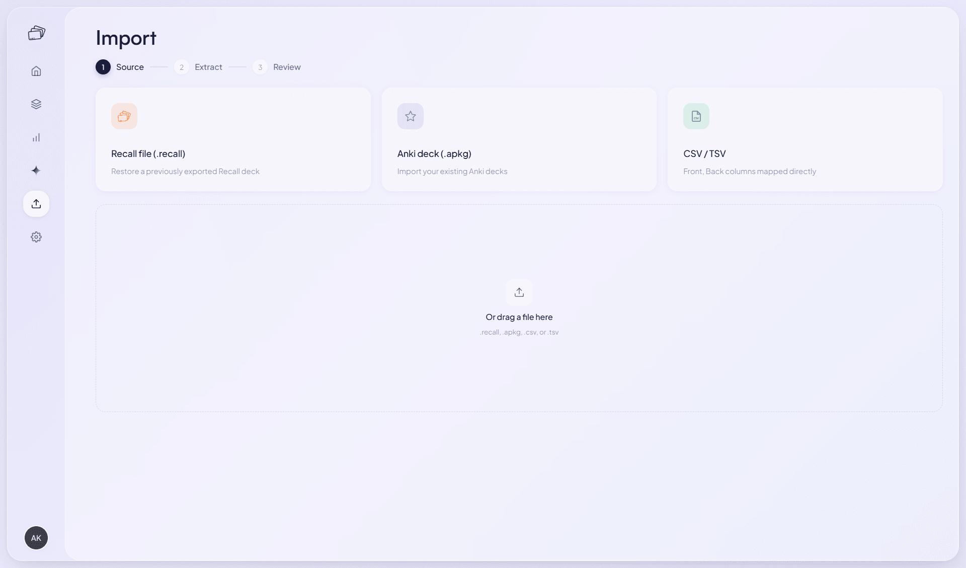 The Recall import screen offering Recall file, Anki deck, and CSV or TSV sources